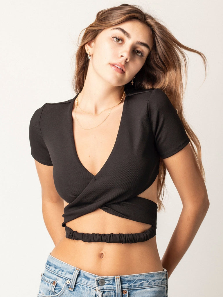 Solid Rice Cutout Crop Top Shirt Weekends Clothing