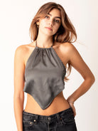 Solid Satin Backless Halter Top S GREY Shirt Weekends Clothing