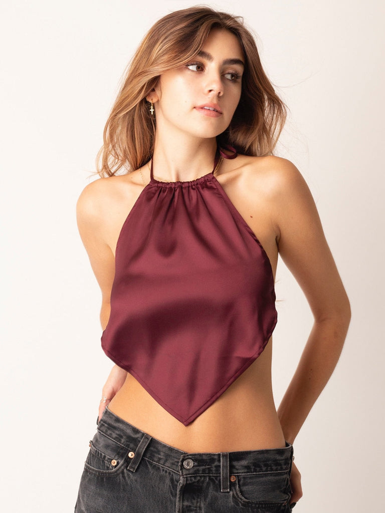 Solid Satin Backless Halter Top S MAROON Shirt Weekends Clothing