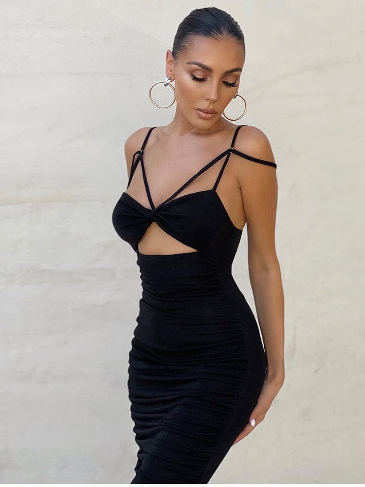 Velvet Halter Mid-Length Dress S BLACK Dress Weekends Clothing